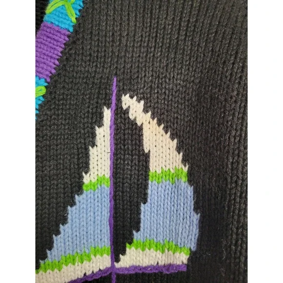 Storybook Knits Vintage Travel Cardigan Medium Black Suitcase Globe Sailboat - Picture 9 of 13